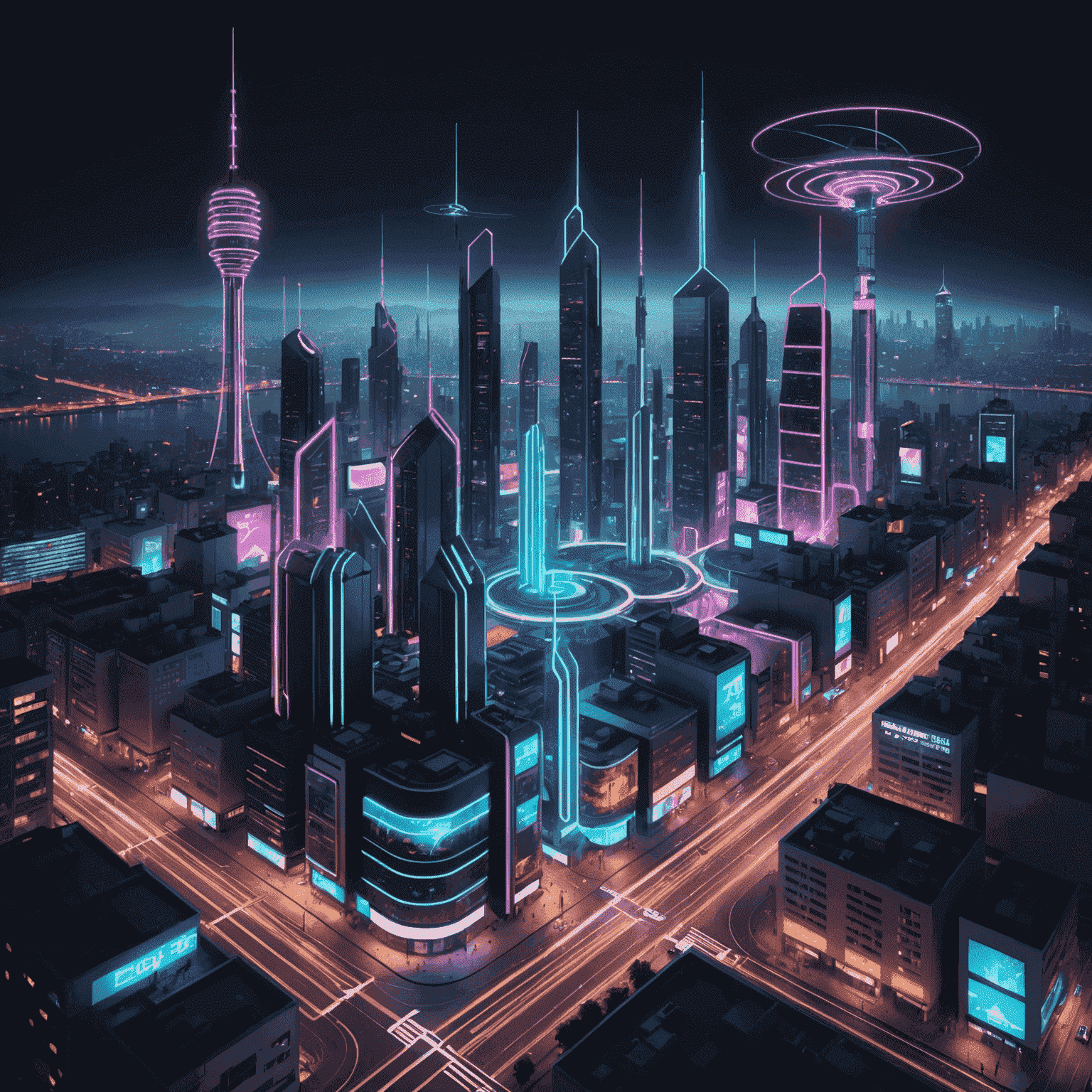 Futuristic cityscape with 5G antennas and neon lights, showcasing latest 5G technology advancements