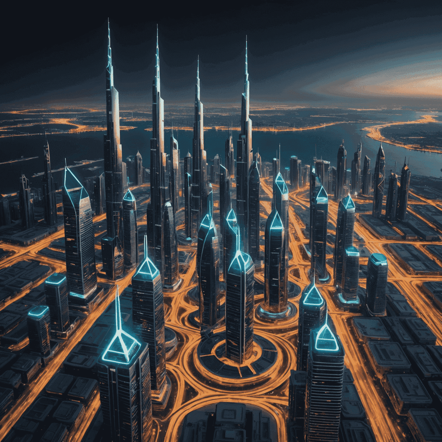 Futuristic cityscape of UAE with 5G towers and neon network connections, representing the advanced 5G infrastructure