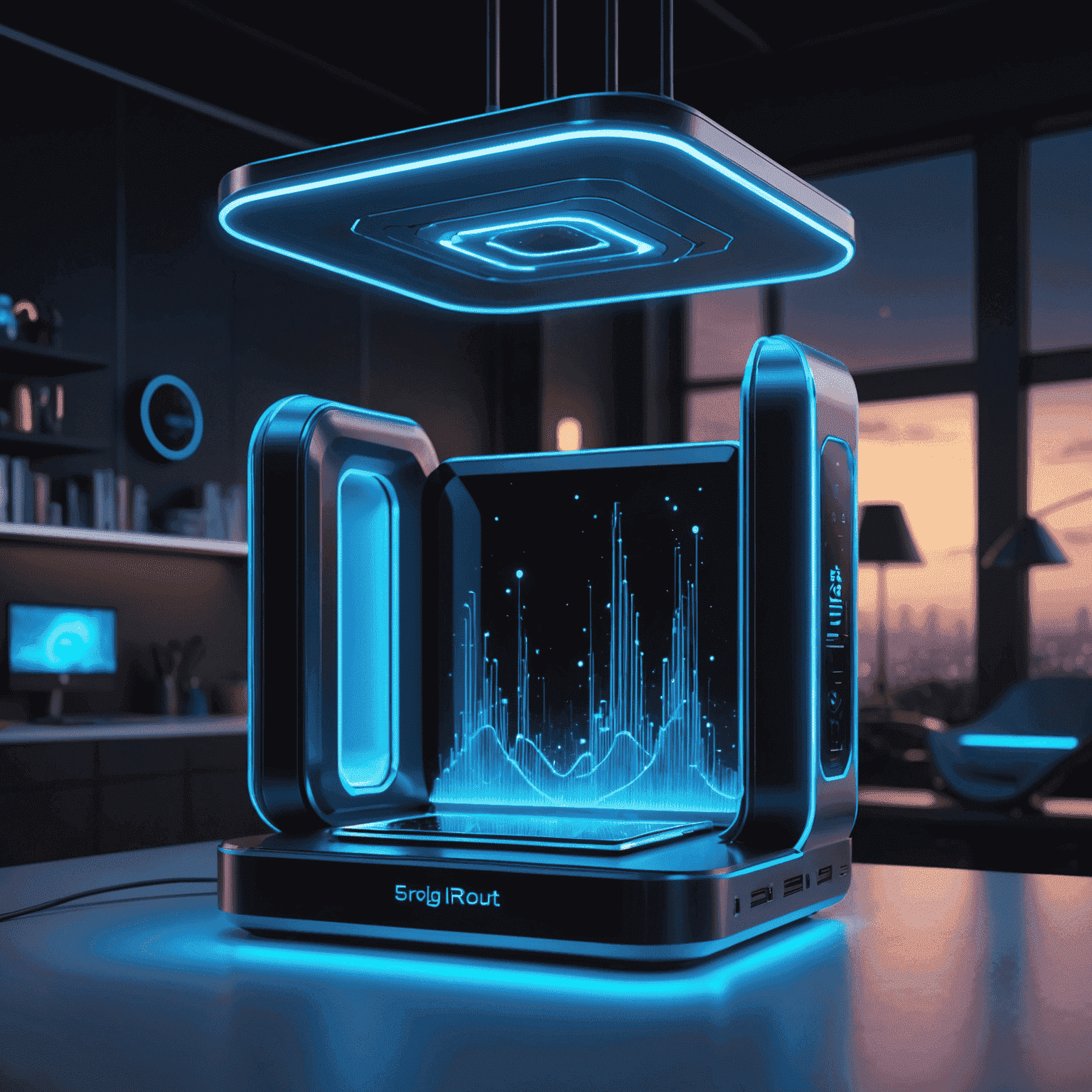 Futuristic home setup with 5G router emitting neon blue waves, representing high-speed connectivity