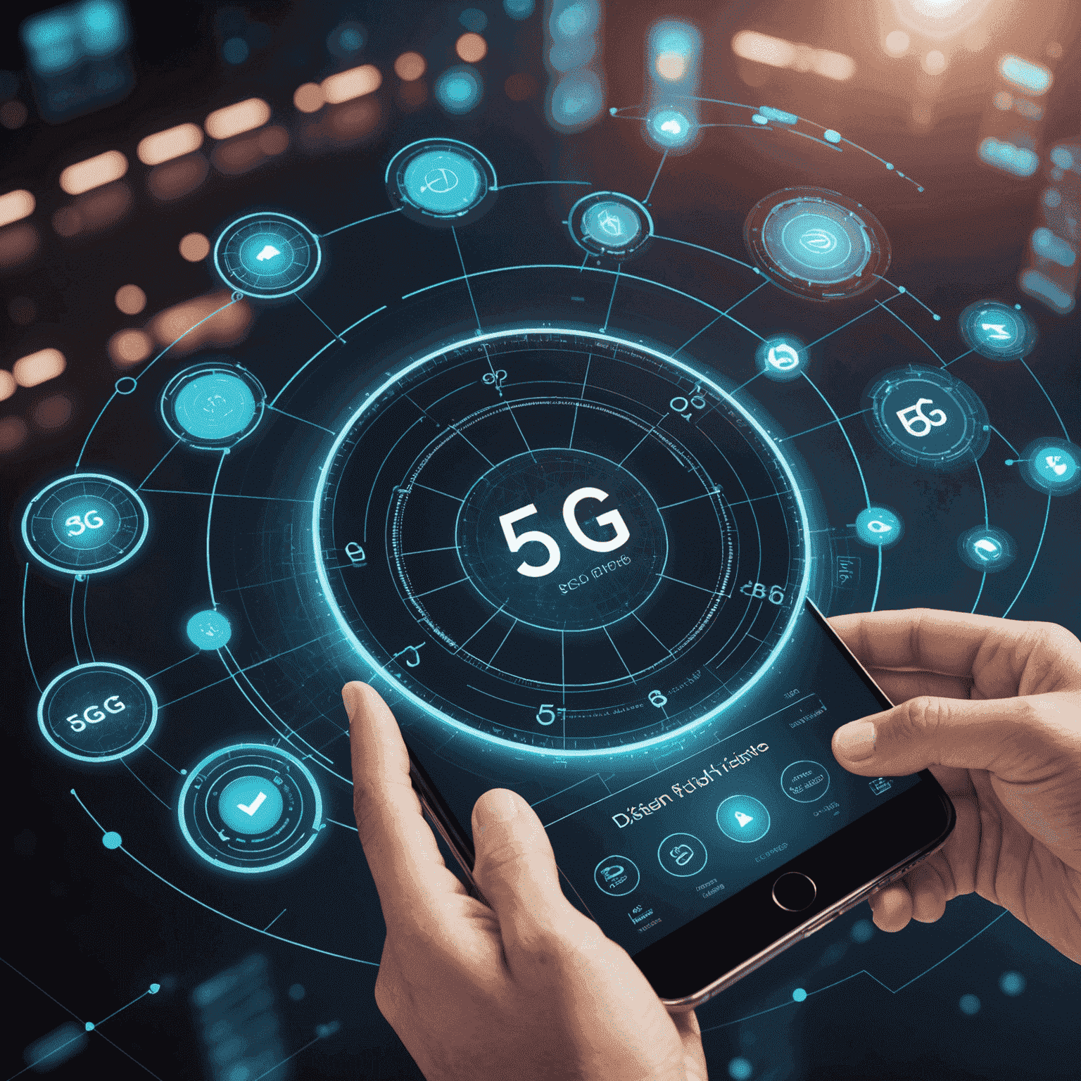 Futuristic visualization of 5G mobile plans with holographic interface showing various plan options and speed indicators