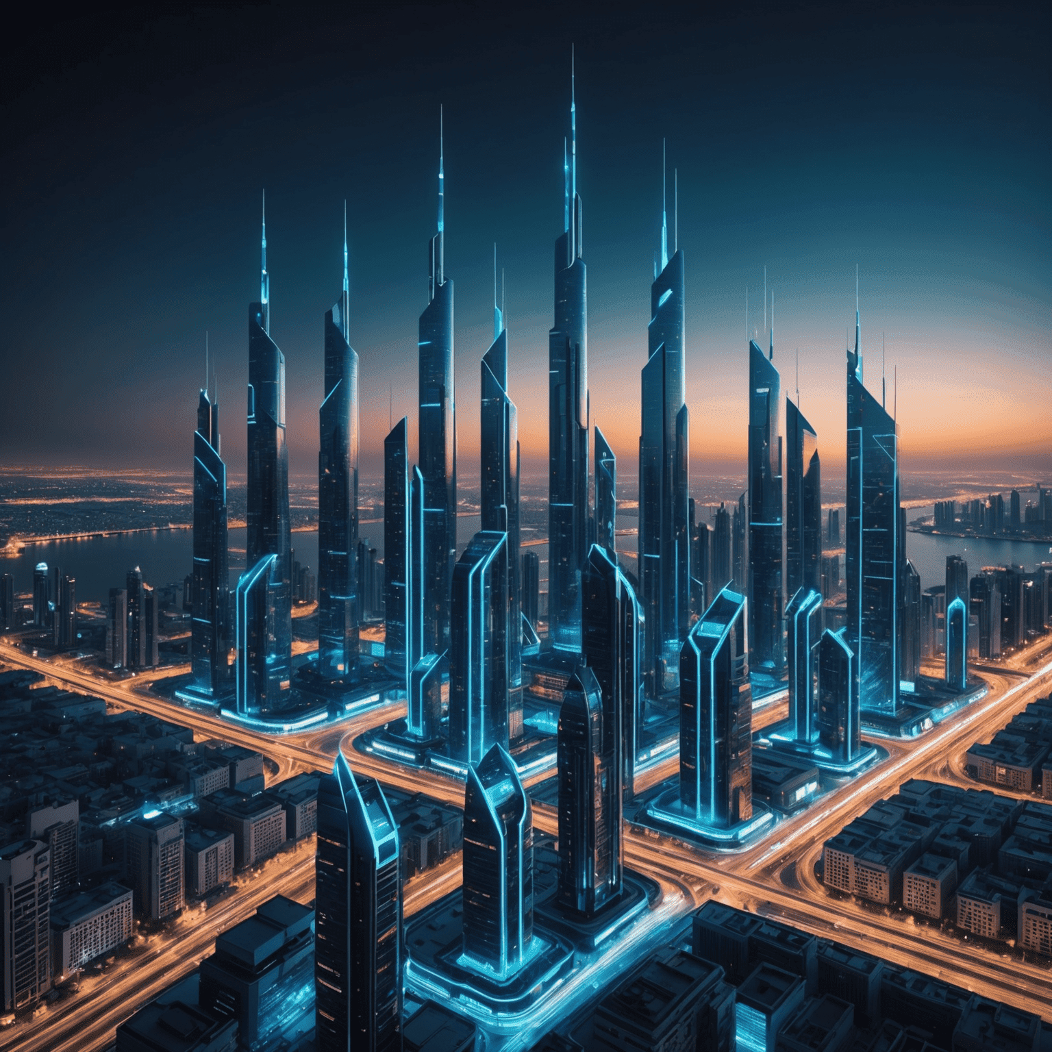 Futuristic cityscape with 5G towers emitting neon blue signals, representing the advanced 5G network coverage across UAE