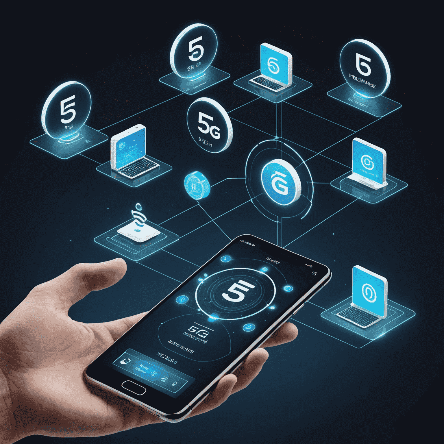 Futuristic visualization of 5G mobile top-up process with holographic interface and floating icons representing different mobile plans