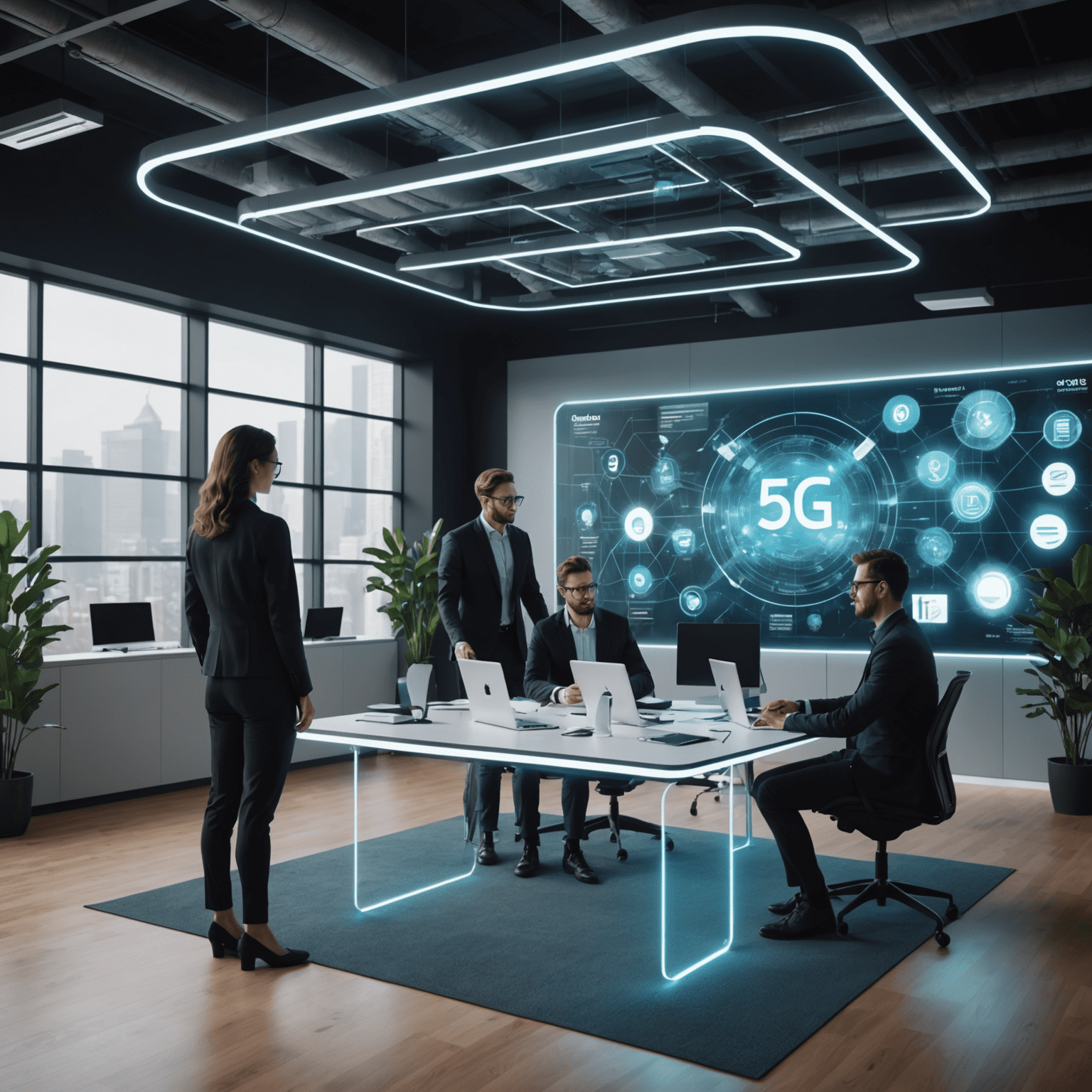 A futuristic office space with holographic displays and employees using advanced 5G devices