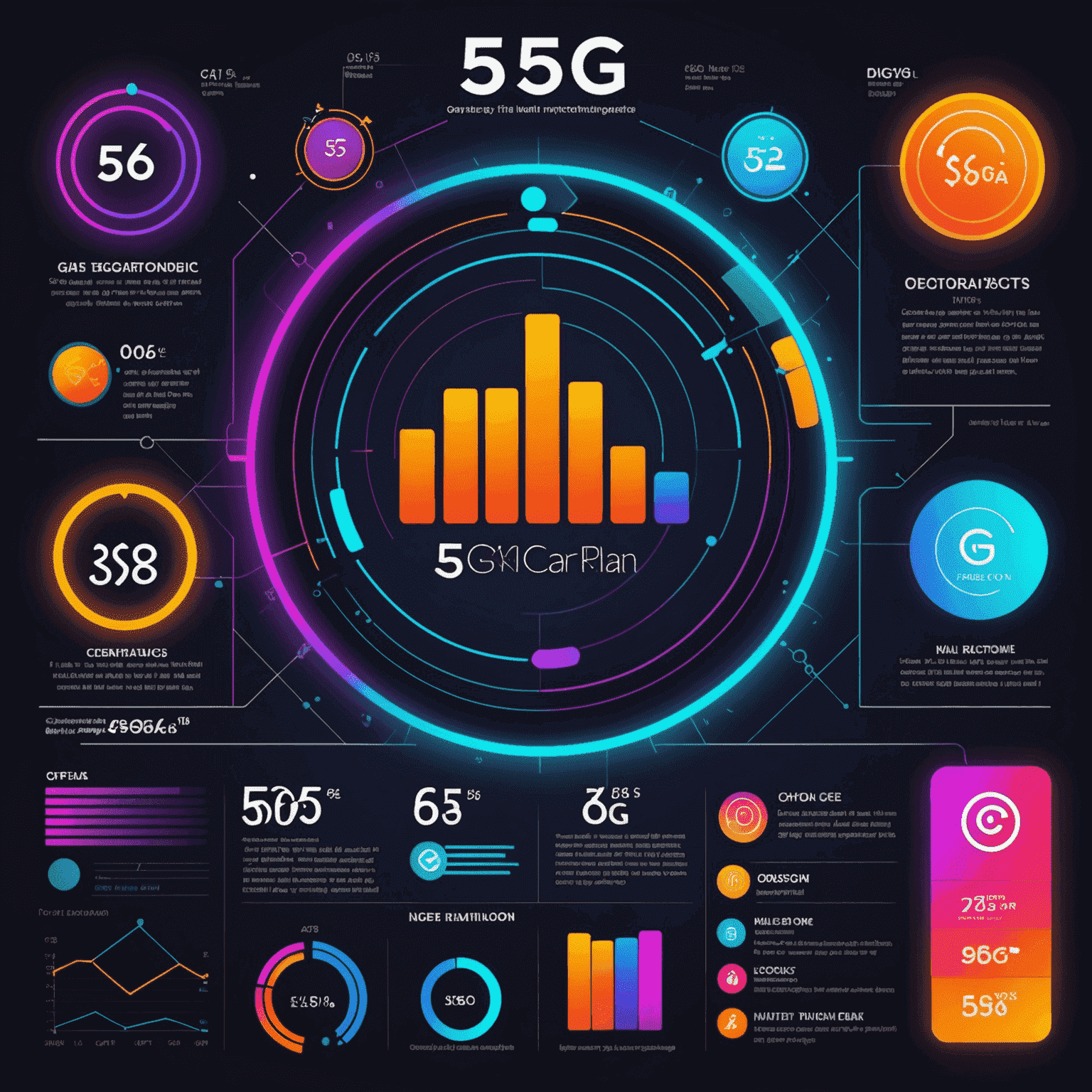 Infographic comparing various 5G plans with neon charts and graphs