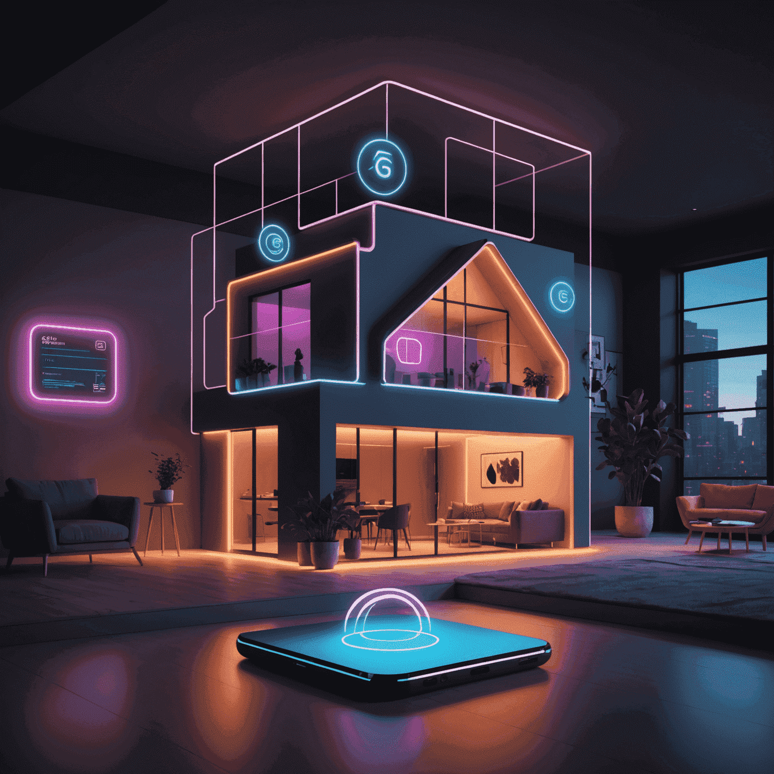 Neon-lit smart home devices connected to a central 5G hub, showcasing seamless integration