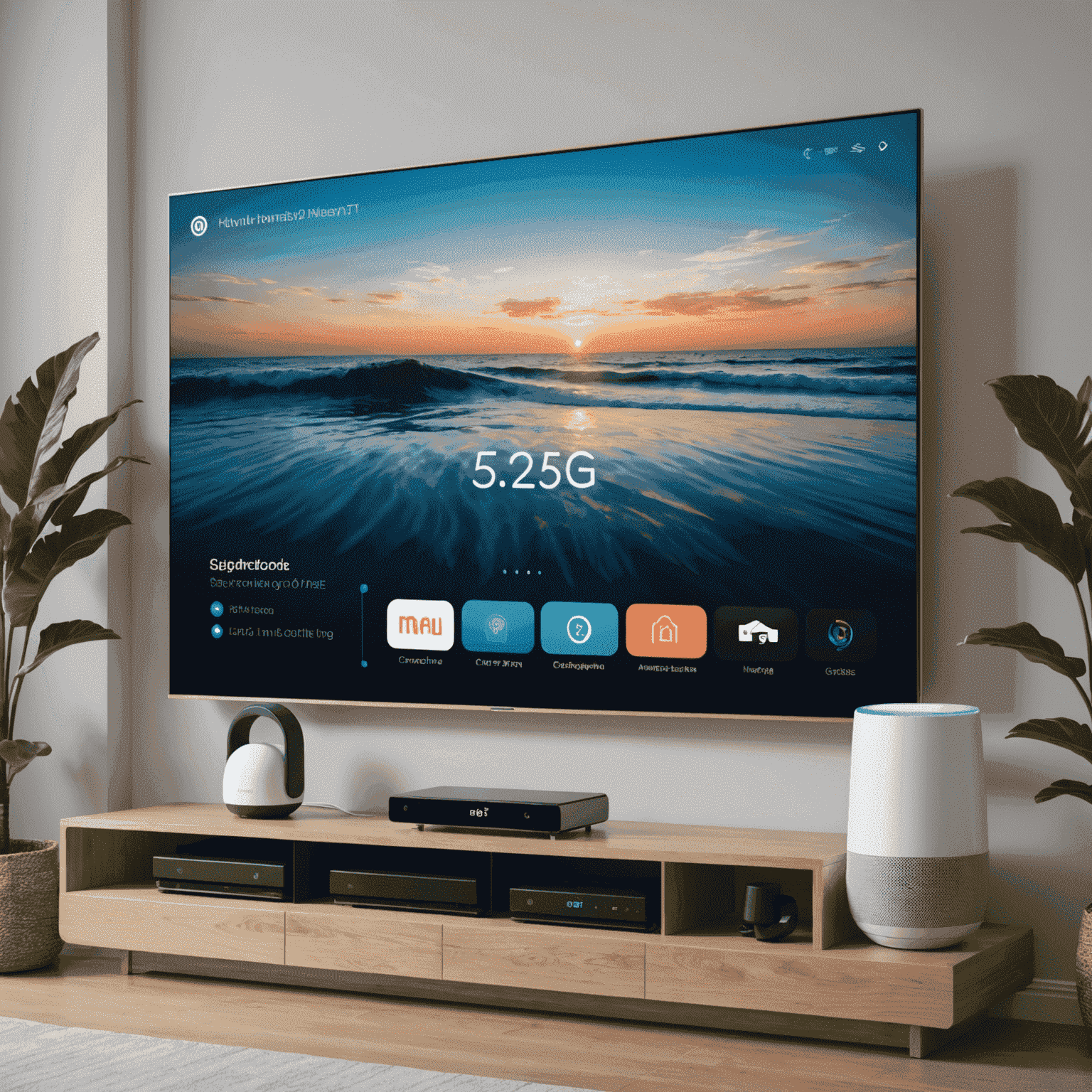 Smart home setup with 5G router emitting visible waves, connected to a large TV displaying premium content