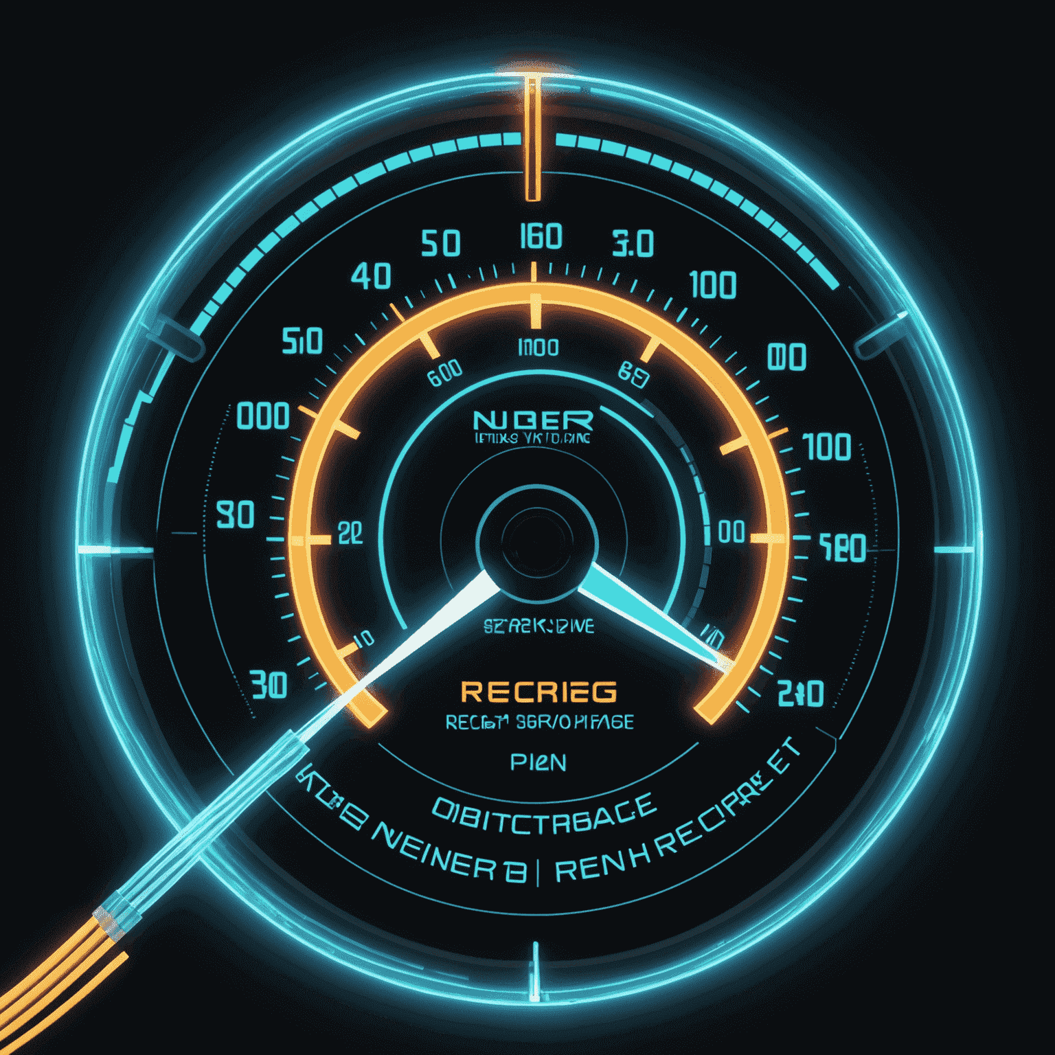 Futuristic representation of internet plan recharge with glowing fiber optic cables and a holographic speed meter