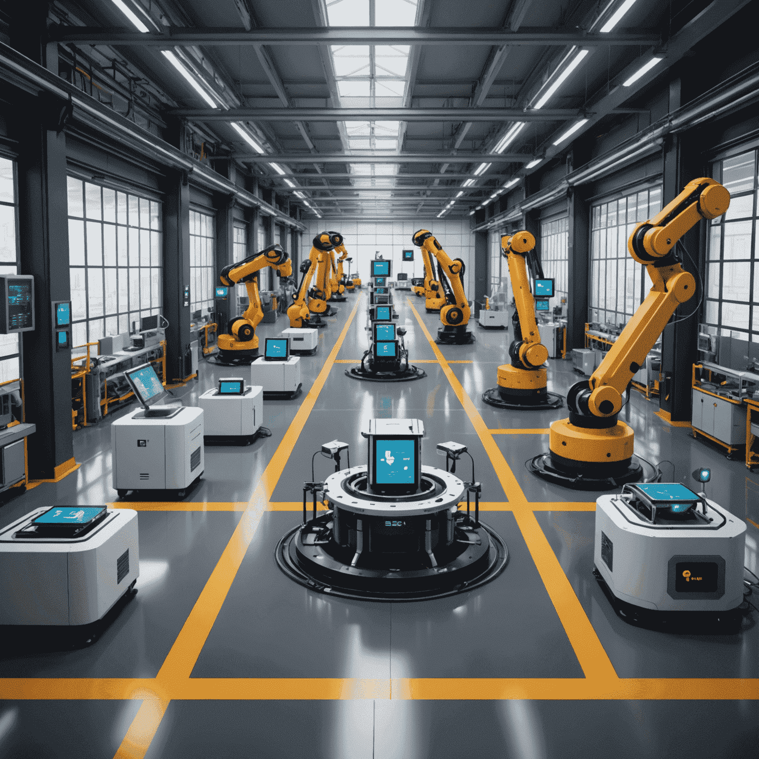 A smart factory floor with robots and IoT devices connected via 5G network