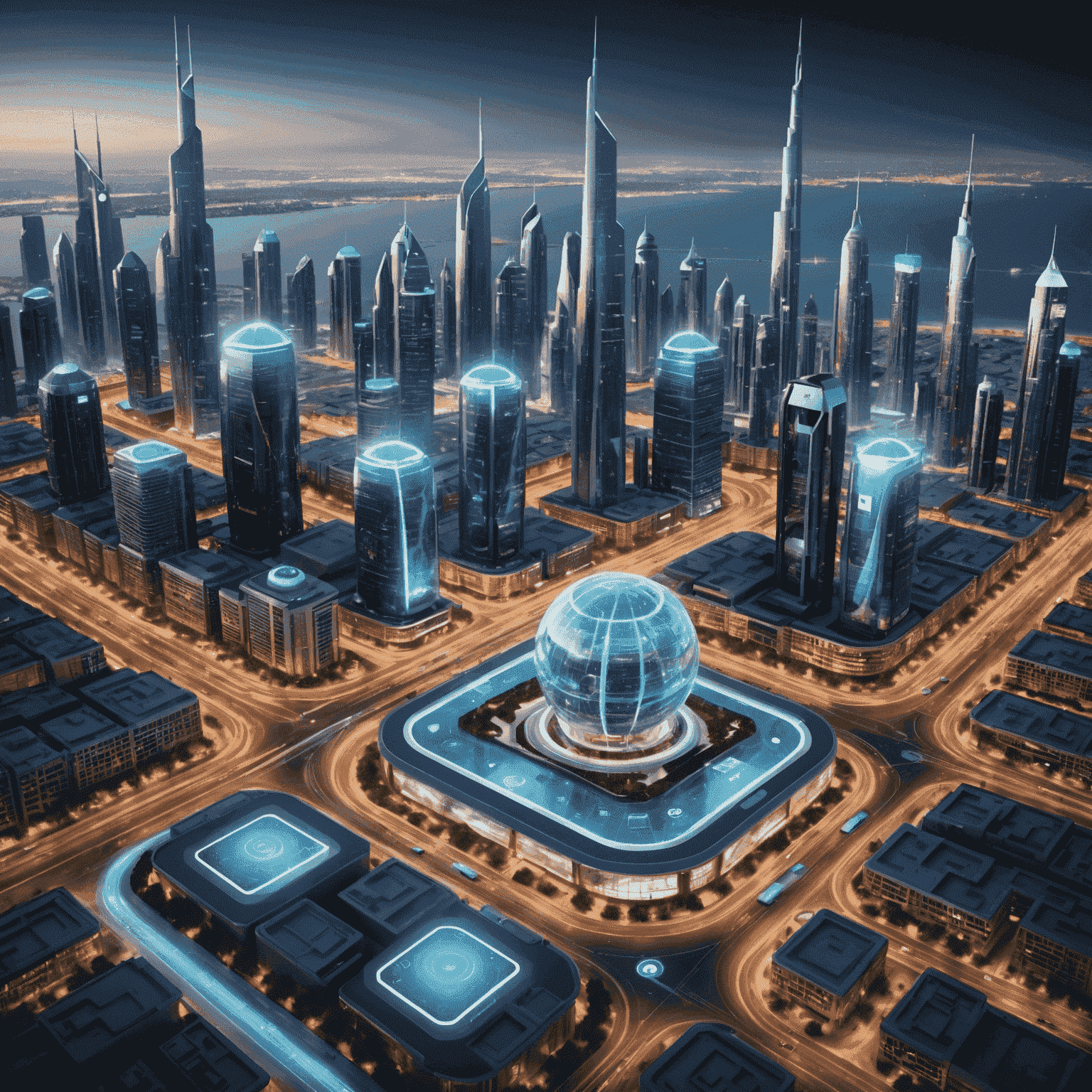 Futuristic visualization of 5G-enabled smart city in UAE, showcasing connected devices and holographic interfaces