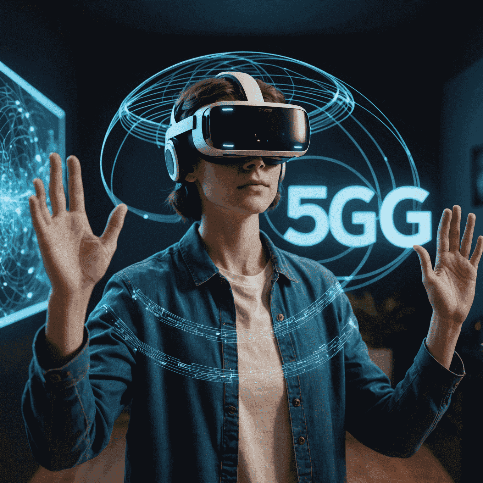 Person using VR headset with holographic projections, powered by 5G home internet