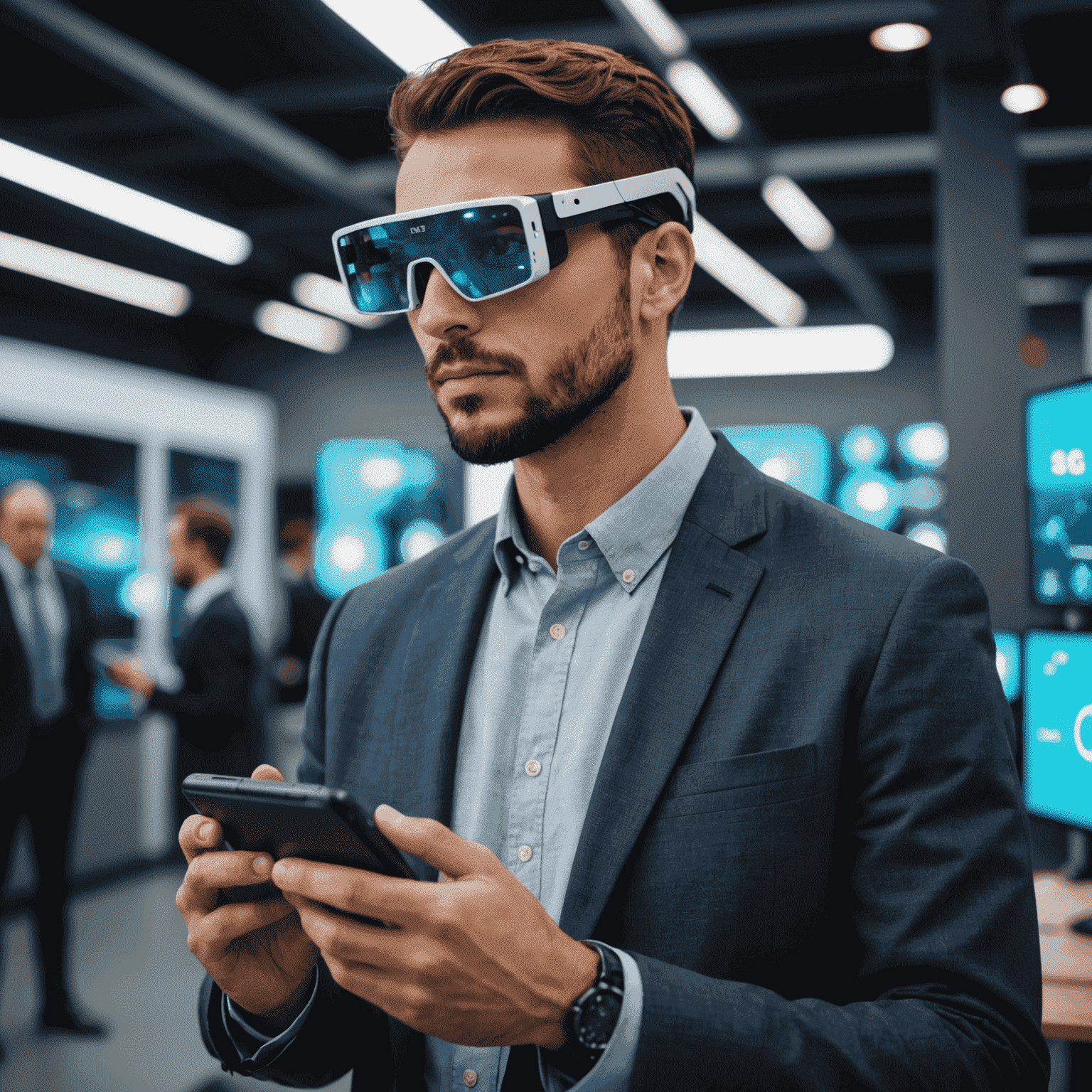 A person using augmented reality glasses in a 5G-enabled business environment