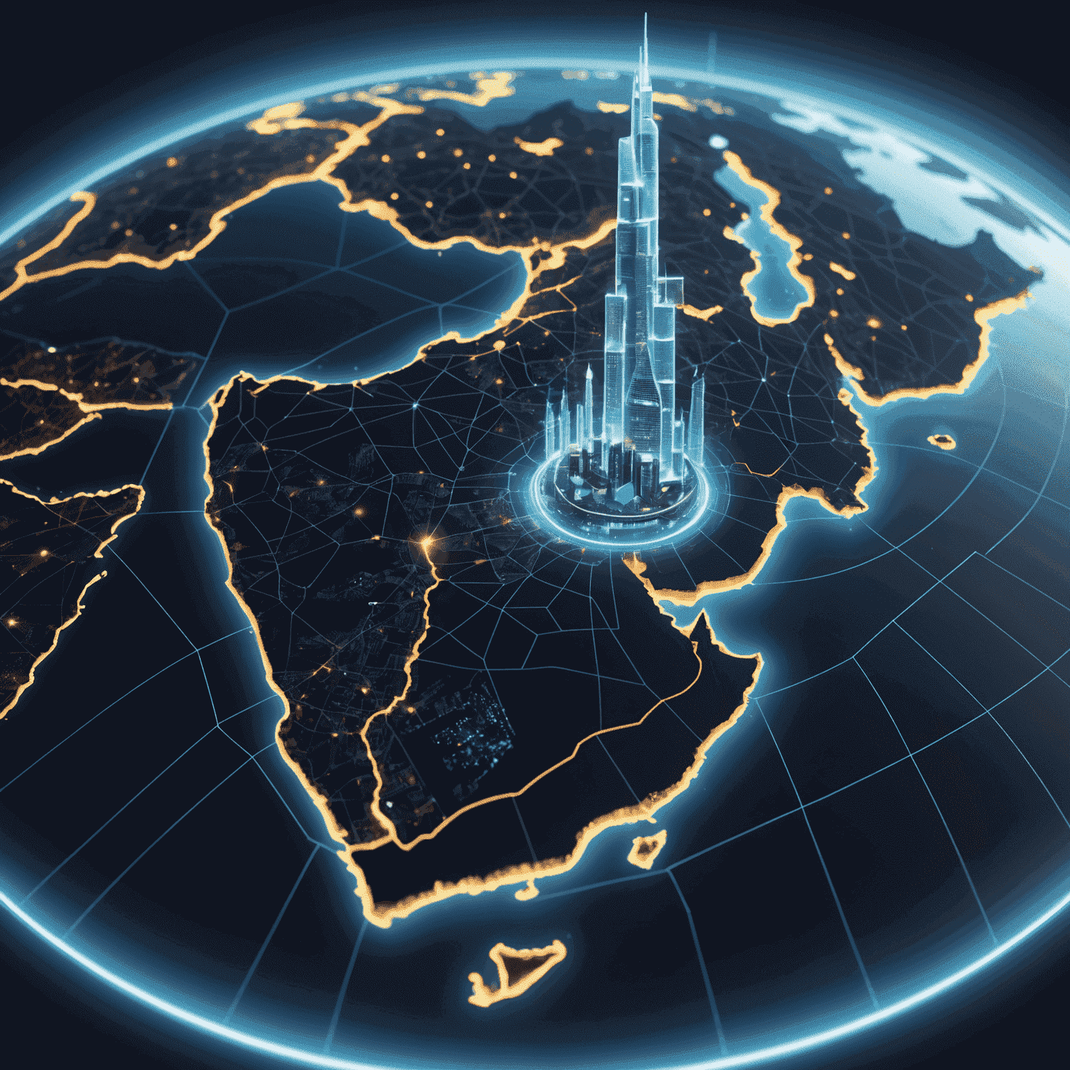 Futuristic 3D holographic map of UAE with glowing points and lines representing 5G coverage areas